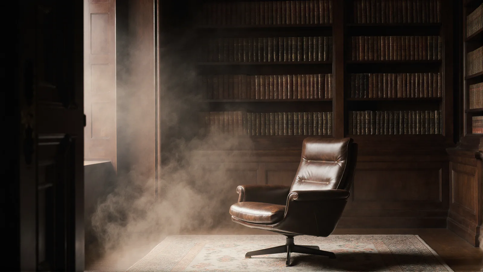 A private library chair surrounded by soft atmospheric light