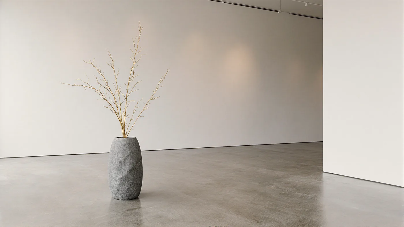 A quiet gallery interior with a single sculptural vessel