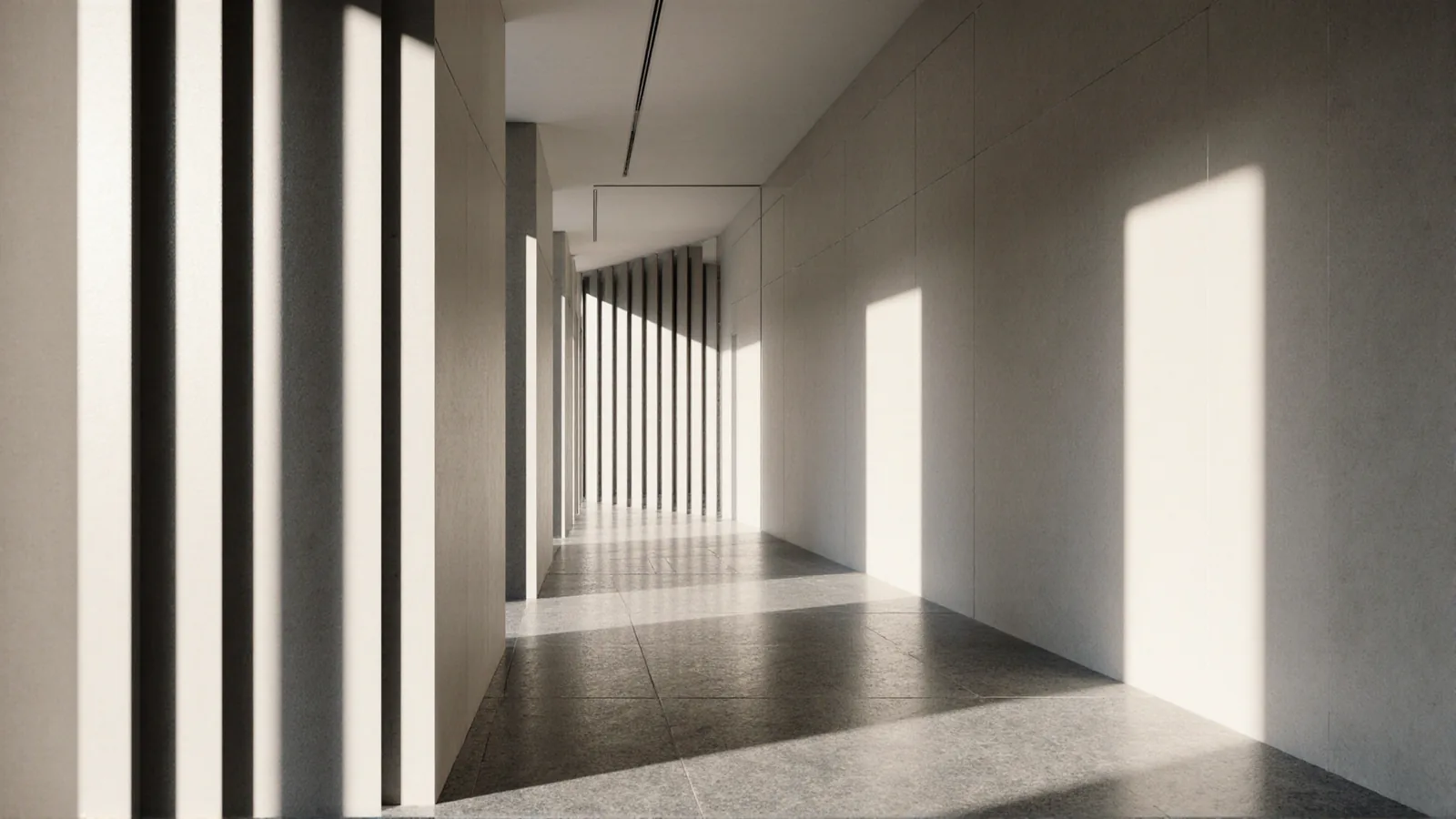 A quiet architectural corridor with filtered light and shadow