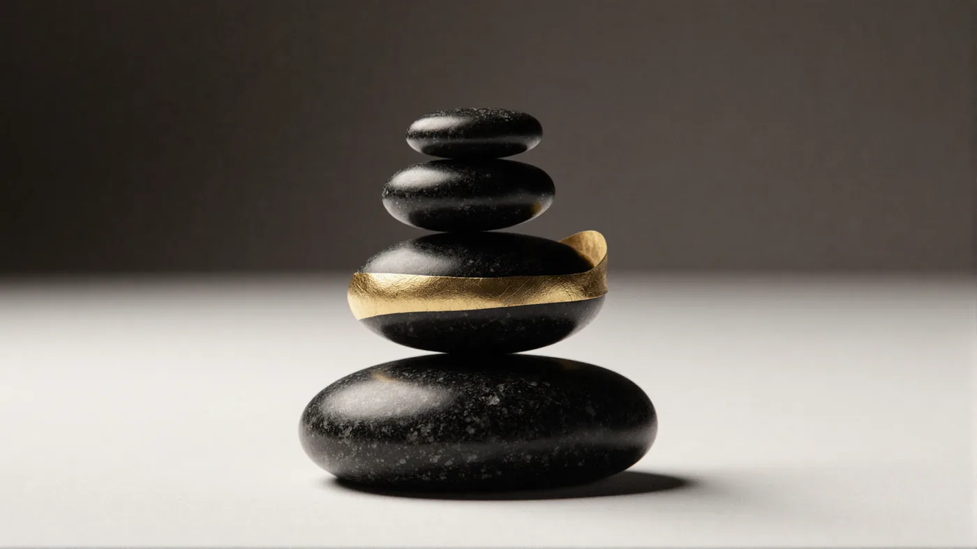 Balanced black stones bound by a subtle gold band