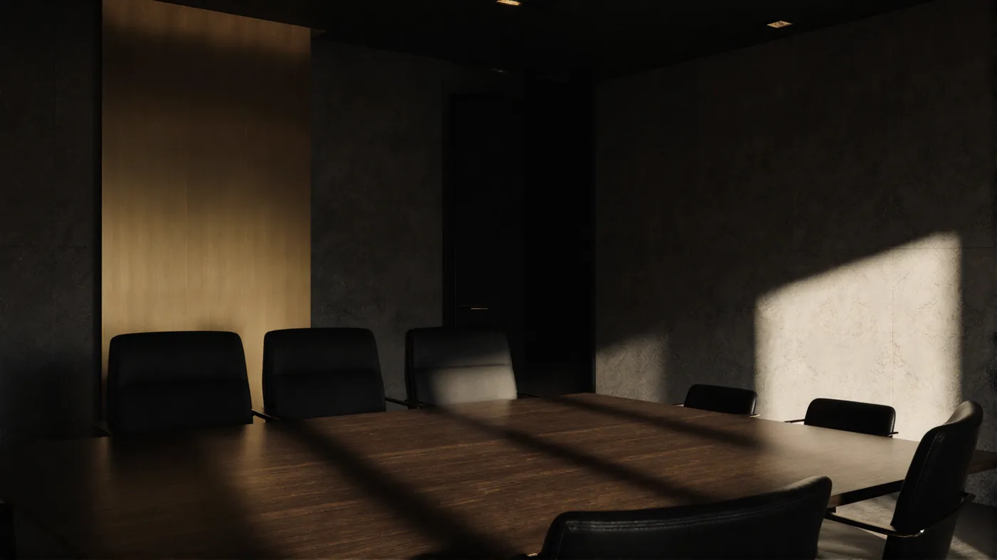 A quiet boardroom shaped by warm directional light