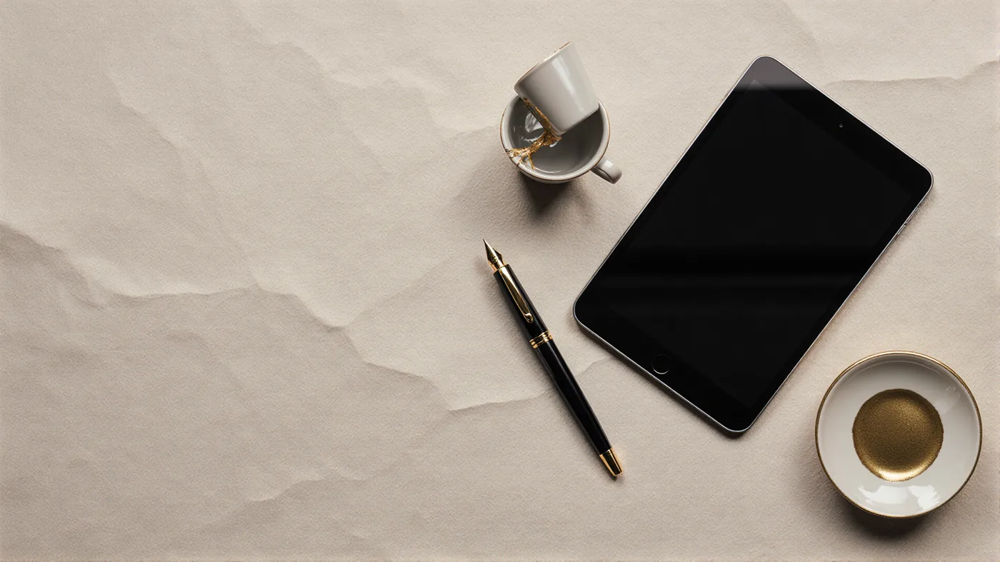 A paper, pen, and tablet arranged on a minimal writing surface