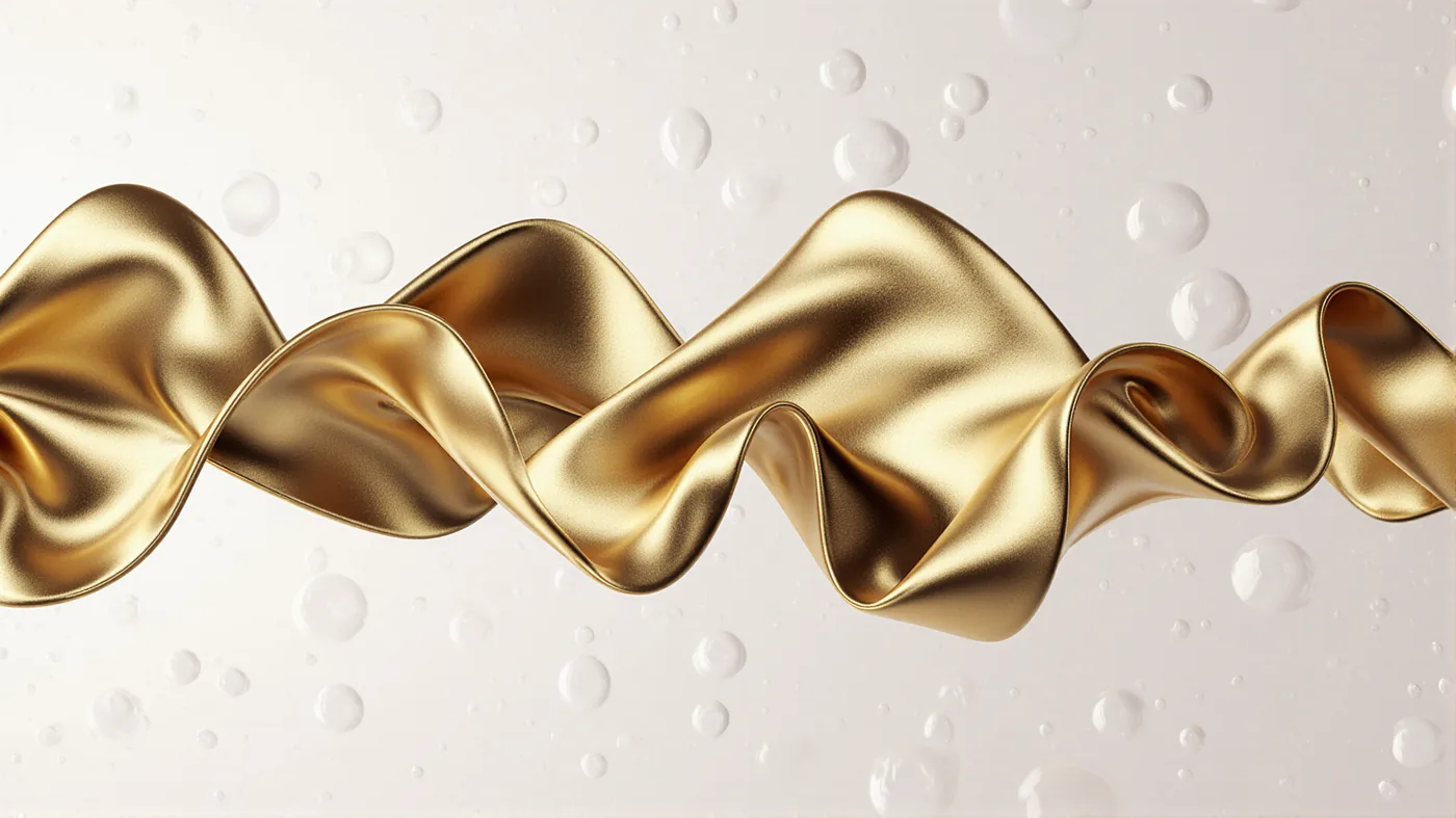 A sculptural gold ribbon moving across a pale surface